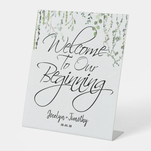 スイートピーの緑のつる植物は私たちの始まりに歓迎 台座サイン (正面)