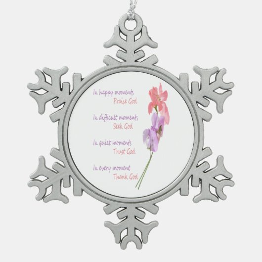 スイートピーの花感動的神を求める スノーフレークピューターオーナメント (正面)