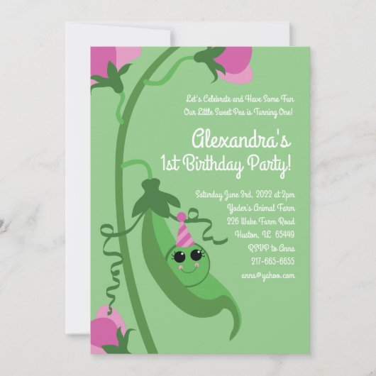 スイートピーは1歳の誕生日かわいい招待状 招待状 (正面)