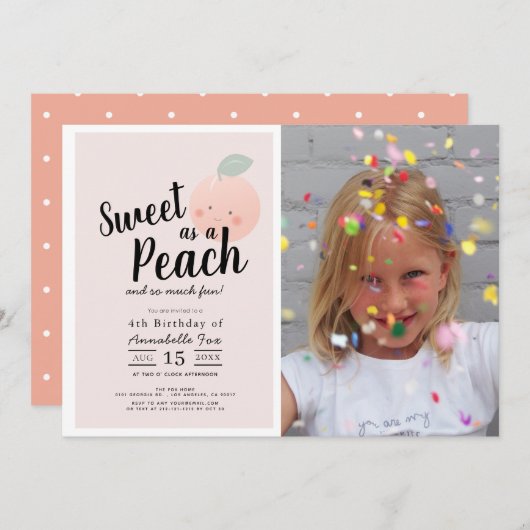 スイートピーチのキュートな女の子の誕生日写真 招待状 (正面/裏面)