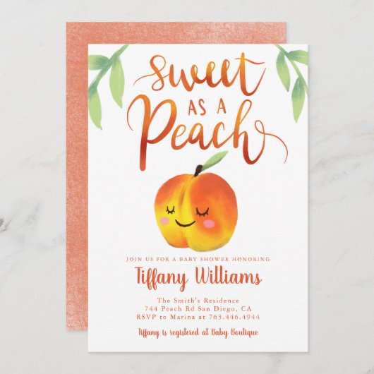 スイートピーチガールベビーシャワー 招待状 (正面/裏面)