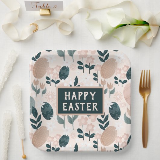 スイートピーチグリーンボホボタニカルイースターエッグ ペーパープレート (ウェディング)