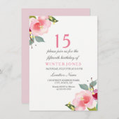 スイートピーチピンクフラワー15thバースデーパーティー招待状 招待状 (正面/裏面)