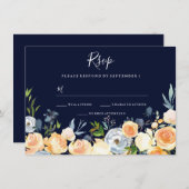 スイートピーチフラワーズネイビー結婚式招待状 招待状 (正面/裏面)