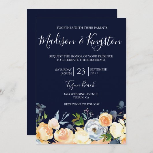 スイートピーチフラワーズネイビー結婚式招待状 招待状 (正面/裏面)