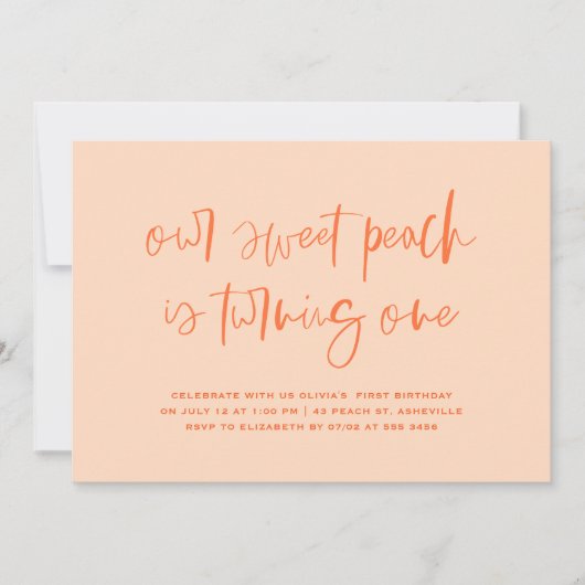 スイートピーチミニマリストガールファースト誕生日 招待状 (正面)