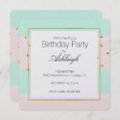 スイートピーチミント金ゴールドストライプ紙吹雪誕生日 招待状 (正面/裏面)