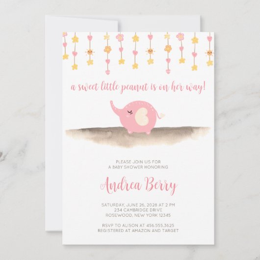 スイートピーナッツガールエレファントベビージャーシャワー 招待状 (正面)