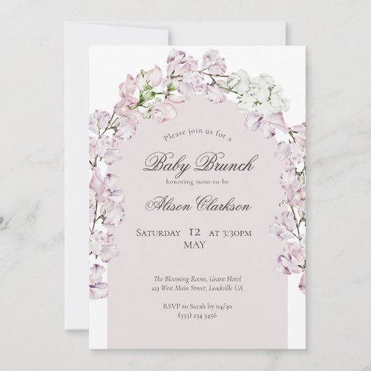 スイートピーフラワーアーチベビーブランチエレガントラベンダー 招待状 (正面)