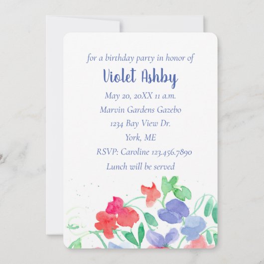 スイートピーフラワーバースデーパーティー 招待状 (裏面)