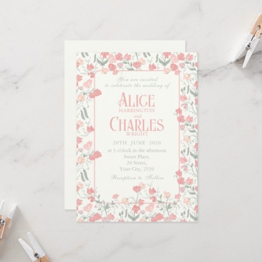 スイートピーフローラピンクアンドクリーム結婚式招待状 招待状 (正面/裏面インサイチュ)