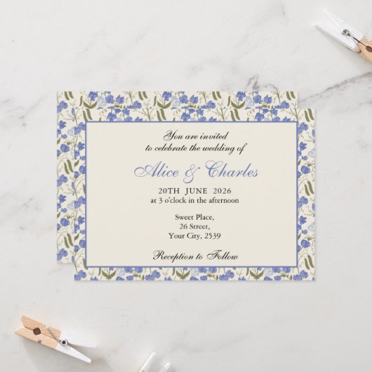 スイートピーフローラブルーアンドクリーム結婚式招待状 招待状 (正面/裏面インサイチュ)