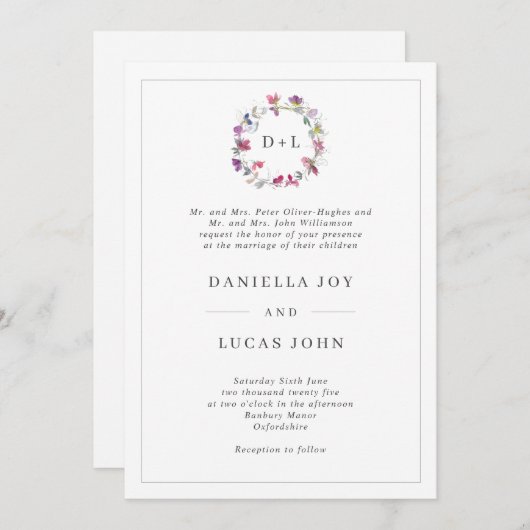 スイートピーフローラリースモノグラム結婚ズ 招待状 (正面/裏面)