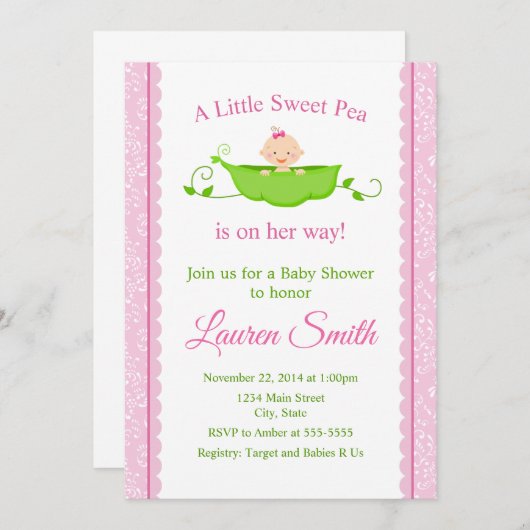 スイートピーベビーシャワー招待状ピンクガールベビー 招待状 (正面/裏面)