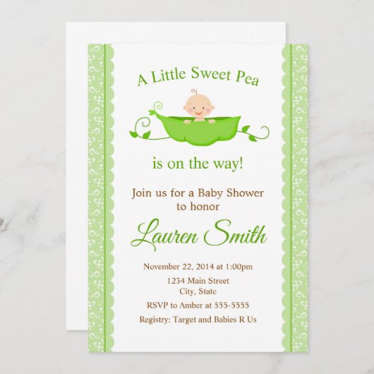 スイートピーベビーシャワー男女兼用招待状 招待状 (正面/裏面)