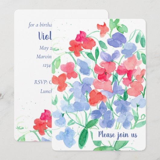 スイートピー フラワーズ バースデーパーティー 招待状 (正面/裏面)