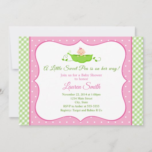 スイートピー ベイビーシャワー 招待状 ピンク 女の子 ベイビー (正面)