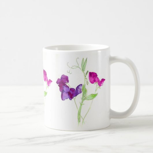 スイートピー、濃いピンクの、紫色の水彩画 マグカップ (右)