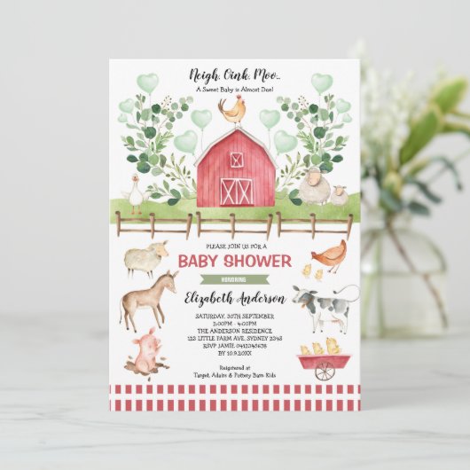 スイートファーム動物納屋周囲の庭ベビーシャワー 招待状 (スタンド正面)