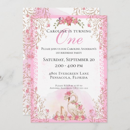 スイートフェアエレガントリーターブルスワンズピンクフローラ誕生日 招待状 (正面/裏面)