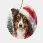 スイートブラウン縁どコリーサンタハットクリスマス セラミックオーナメント (左)