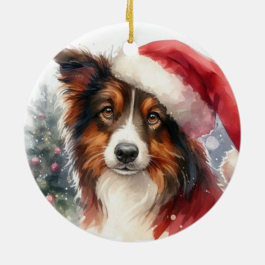 スイートブラウン縁どコリーサンタハットクリスマス セラミックオーナメント (裏面)