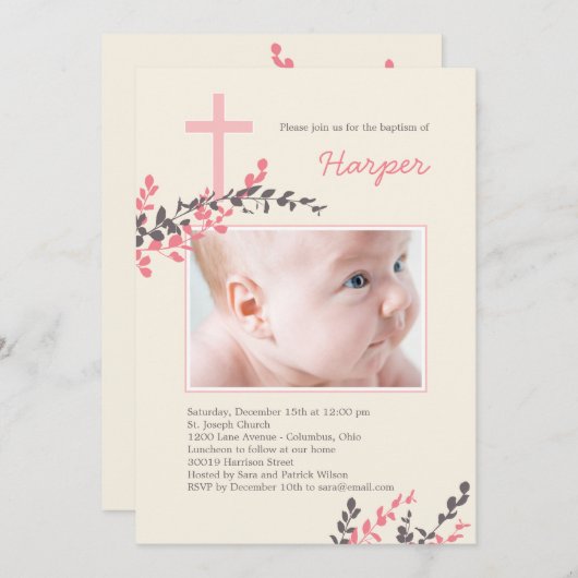 スイートブランチ《キリスト教》洗礼式や命名式招待状 – ピンク 招待状 (正面/裏面)