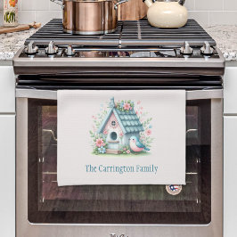 スイートブルーとピンクバードハウスパーソナライズされた キッチンタオル