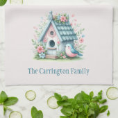 スイートブルーとピンクバードハウスパーソナライズされた キッチンタオル (折り畳み)