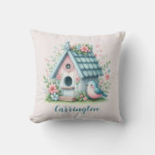 スイートブルーとピンクバードハウスパーソナライズされた クッション (正面)