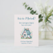 スイートブルーとピンクバードハウス「引っ越しました」 ポストカード (スタンド正面)