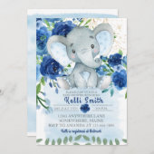 スイートブルーエレファントフローラベビーシャワー招待状 招待状 (正面/裏面)