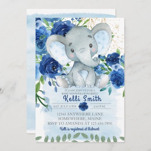 スイートブルーエレファントフローラベビーシャワー招待状 招待状 (正面/裏面)