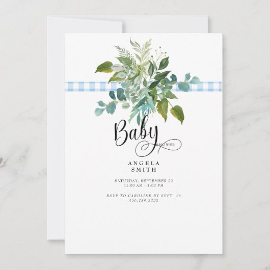 スイートブルーギンガムリーブベビーシャワー招待状 招待状 (正面)