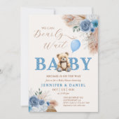 スイートブルーテディベアベビーシャワーパンパ花模様 招待状 (正面)