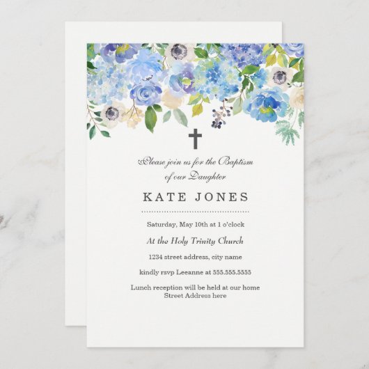 スイートブルーフローラバプテスマ招待状 招待状 (正面/裏面)