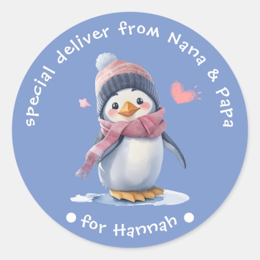 スイートブルーベビーペンギンクリスマスラベル子供へ ラウンドシール (正面)