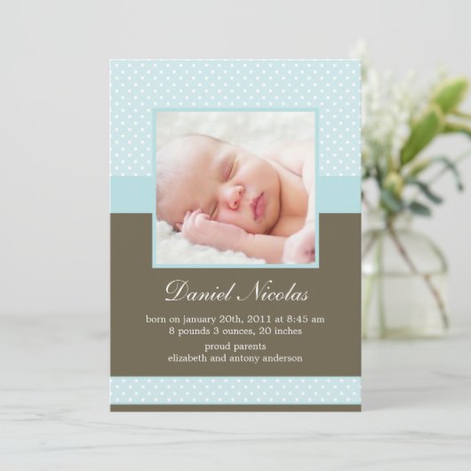 スイートブルー水玉模様フォトベビー誕生 案内状 (スタンド正面)