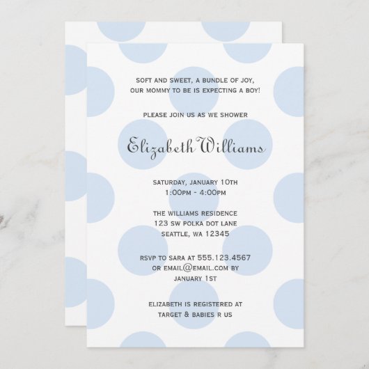 スイートブルー水玉模様男の赤ちゃんシャワー招待状 招待状 (正面/裏面)