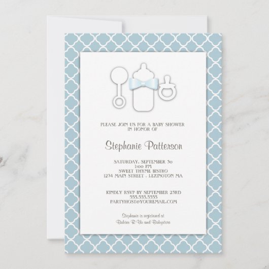 スイートブルー|ブラウンボトルベビーシャワーティーパーティー 招待状 (正面)