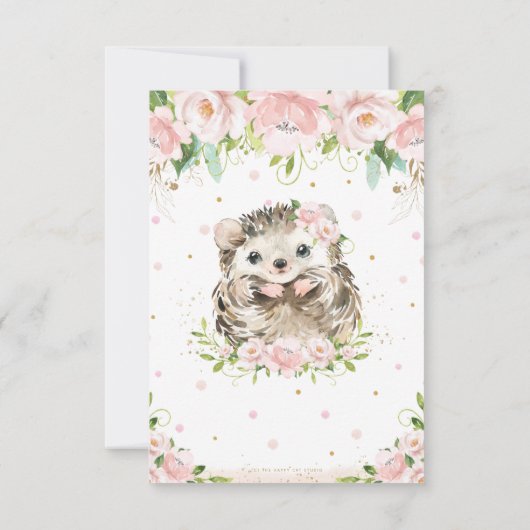 スイートヘッジホッグ赤面ピンクフローラベイビーシャワー サンキューカード (裏面)