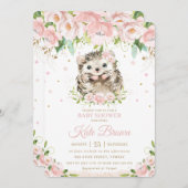 スイートヘッジホッグ赤面ピンクフローラ金ゴールドベビーシャワー 招待状 (正面/裏面)