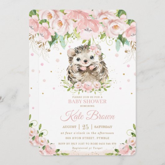スイートヘッジホッグ赤面ピンクフローラ金ゴールドベビーシャワー 招待状 (正面/裏面)