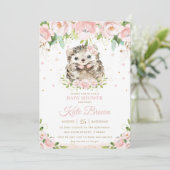 スイートヘッジホッグ赤面ピンクフローラ金ゴールドベビーシャワー 招待状 (スタンド正面)