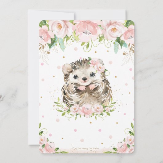 スイートヘッジホッグ赤面ピンクフローラ金ゴールドベビーシャワー 招待状 (裏面)