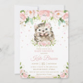 スイートヘッジホッグ赤面ピンクフローラ金ゴールドベビーシャワー 招待状 (正面)