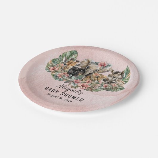 スイートベビーガールアニマルトロピカルサファリシャワー ペーパープレート (アングル)