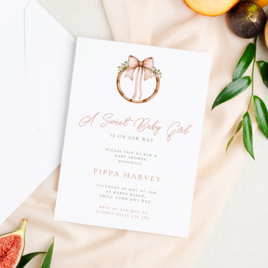 スイートベビーガールコケットボウ&フープベビーシャワー 招待状