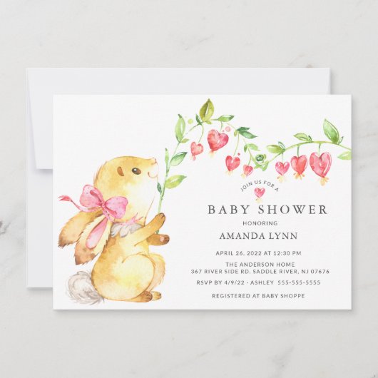 スイートベビーガールバニーベビーシャワー招待状 招待状 (正面)