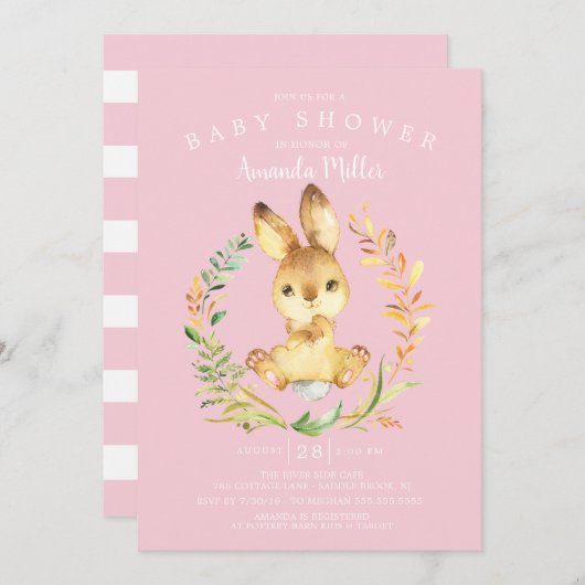 スイートベビーガールバニーベビーシャワー 招待状 (正面/裏面)